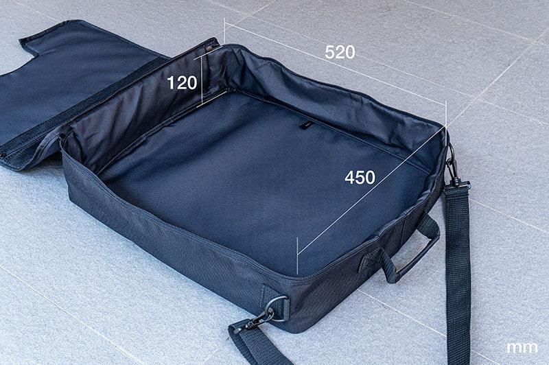 Black RC pit bag with open top, shoulder strap, and dimensions labeled 520x450x120 mm.