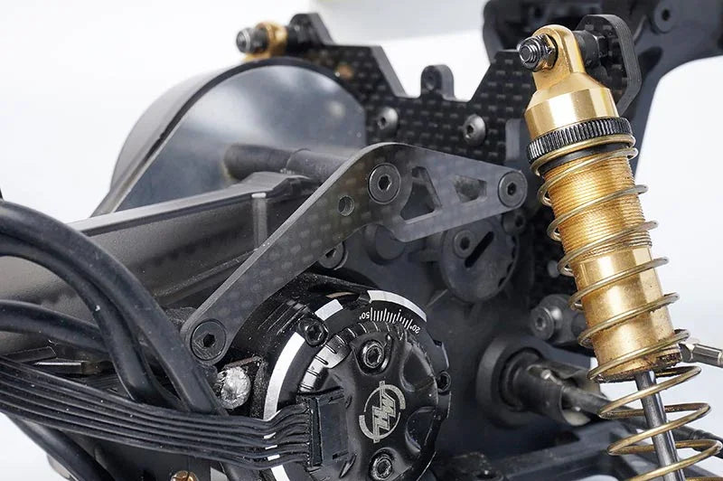 Koswork RC car gold shock absorber, carbon mount, and motor close-up, RC accessories