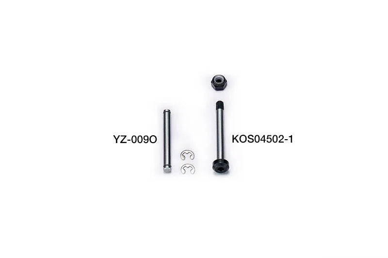 RC car hardware set with two metal shafts, nuts, and E-clips on white background