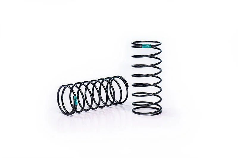 Two black RC car shock springs with blue markings on a white background