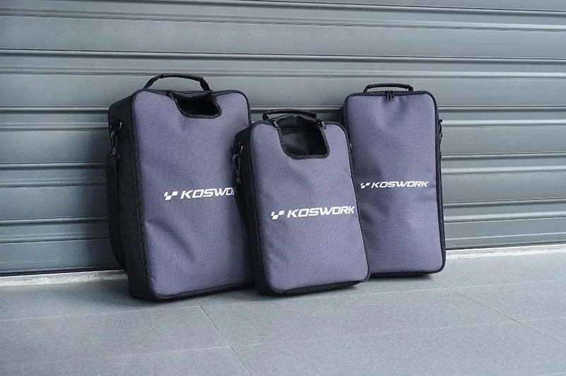 Koswork RC pit bags set, gray and black, soft-sided with handles, for RC car accessories storage.