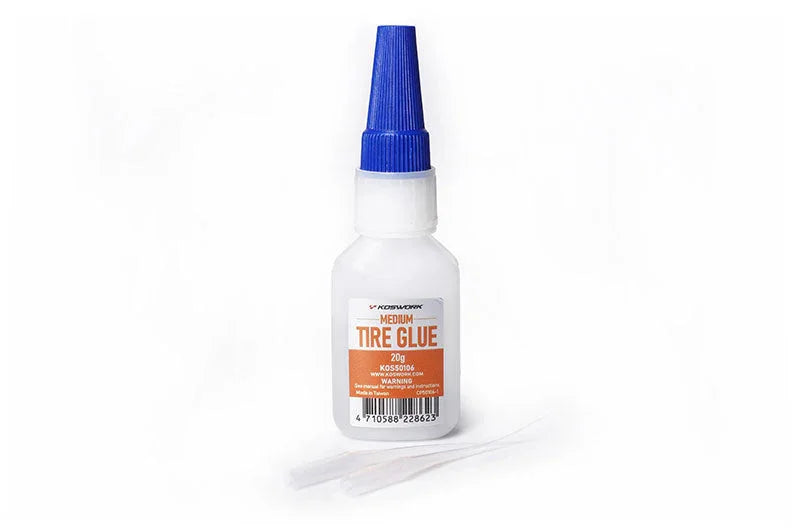 Medium tire glue bottle for RC cars with blue cap and precision applicator tips