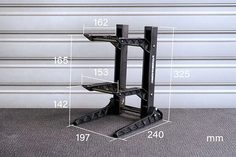 Black RC car stand with detailed dimensions in millimeters, ideal for hobby workbench.