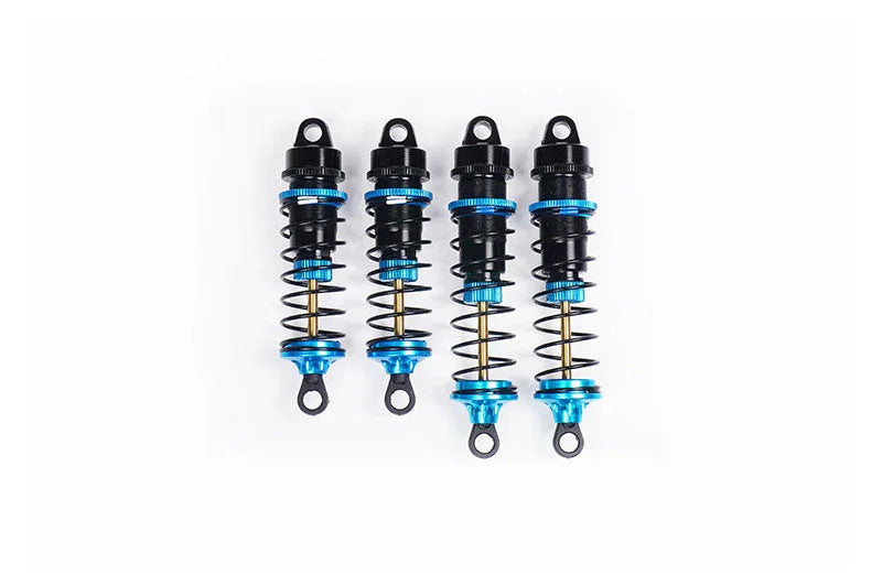 Set of four blue aluminum RC car shock absorbers with black springs on white background