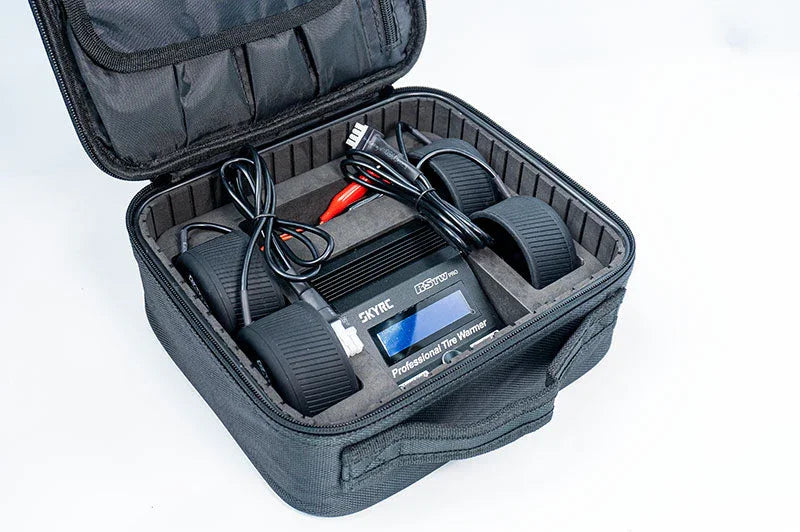 RC tire warmer set with cables in protective carrying case for remote control car racing