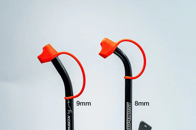 Koswork RC car accessory pipe end caps, black with red tips, 9mm and 8mm sizes shown.