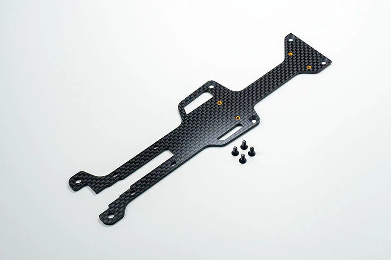 Carbon fiber RC car chassis plate with screws on white background