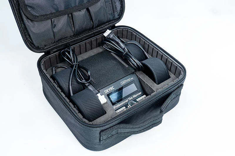SKYRC professional RC tire warmer kit with cables in a padded carrying case