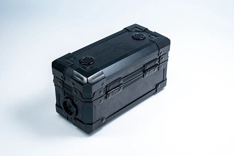 Black RC pit box with reinforced corners and secure latches, displayed on white background.