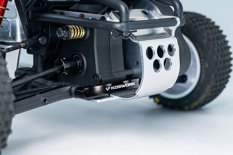 Koswork RC car aluminum skid plate and suspension detail for remote control vehicle.