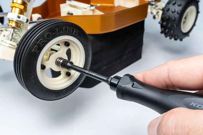 Koswork hex driver tool for RC car wheel maintenance, black handle, repairing Pro-Line tire.
