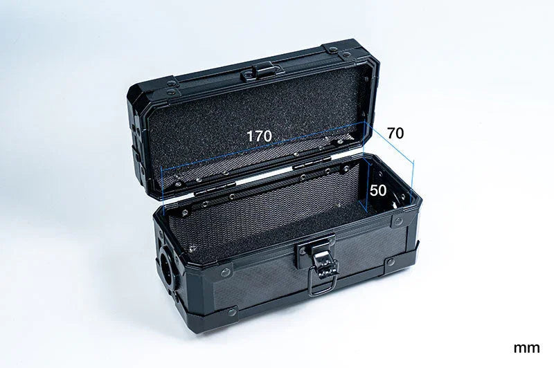 Black RC storage case with foam lining, open to show interior dimensions 170x70x50 mm
