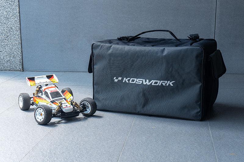 Koswork RC car storage bag next to a remote control buggy on a tiled floor