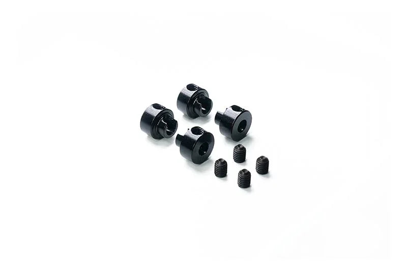 Set of four RC car drive shaft couplers with grub screws on white background
