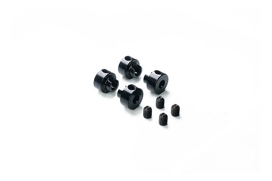 Set of four RC car drive shaft couplers with grub screws on white background