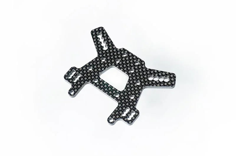 Carbon fiber RC car chassis plate with precision cutouts on white background