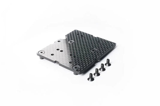 Carbon fiber RC car chassis plate with mounting screws on white background