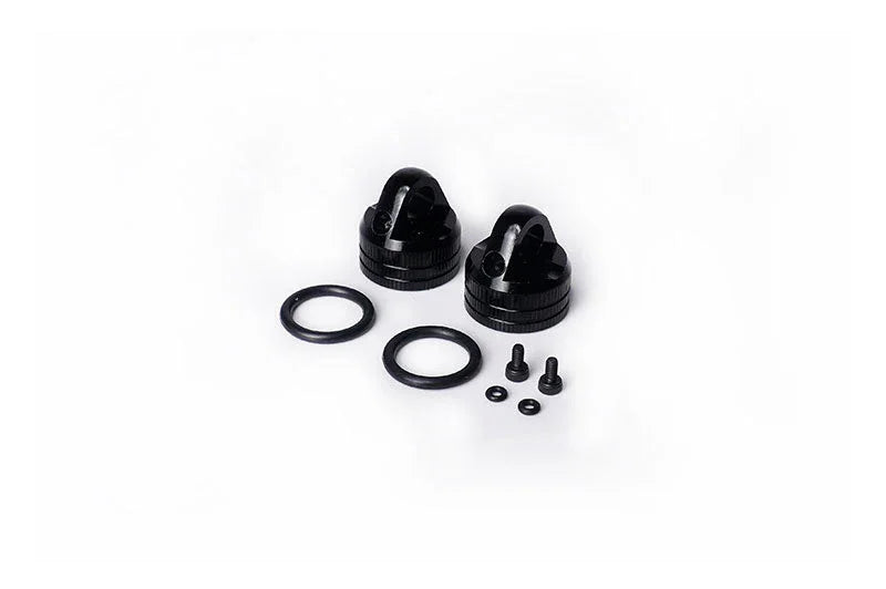 RC aluminum shock caps set with O-rings and screws on white background