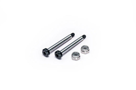 Two metal RC car axles and two lock nuts on a white background for hobby parts