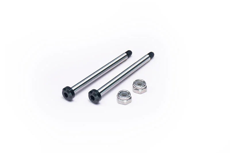RC car metal axle shafts and hex nuts set on white background