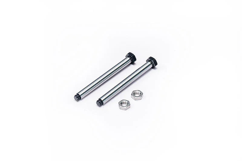 Two metal RC car axles with hex heads and two matching nuts on a white background