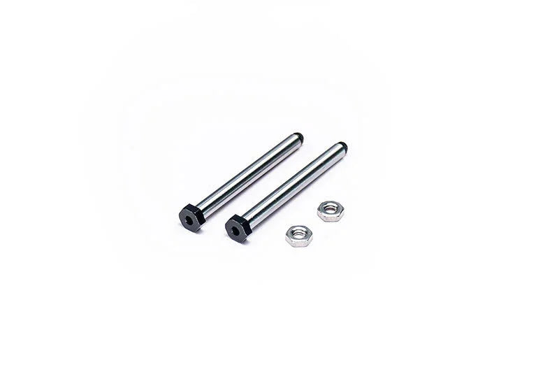 Two RC car steel drive pins with hexagonal heads and two matching nuts on white background