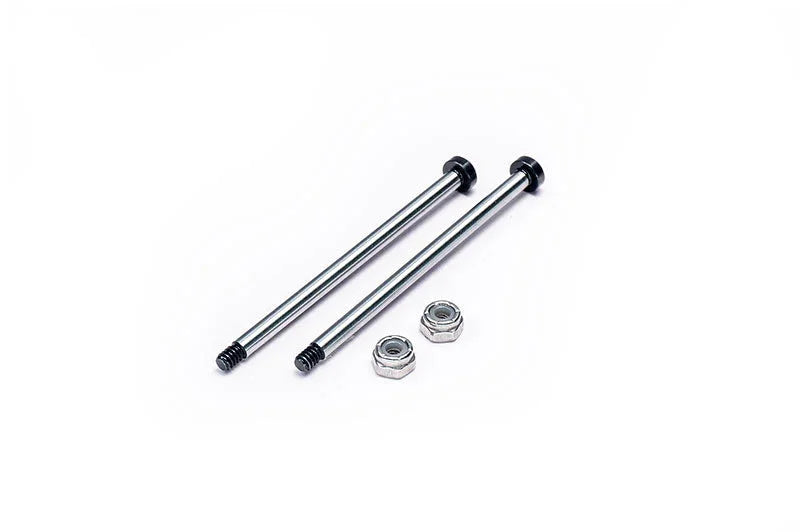 Two metal RC car axles with matching nuts on a white background