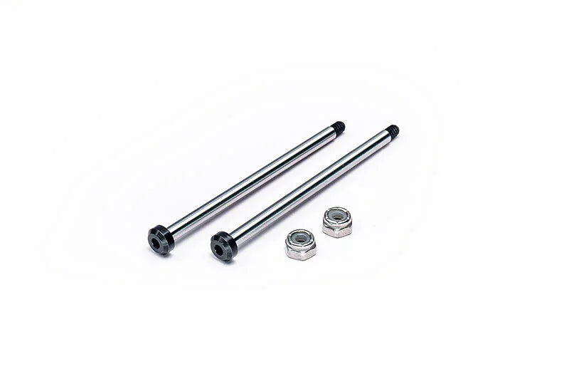 RC car steel axle shafts and lock nuts on white background, hobby upgrade parts