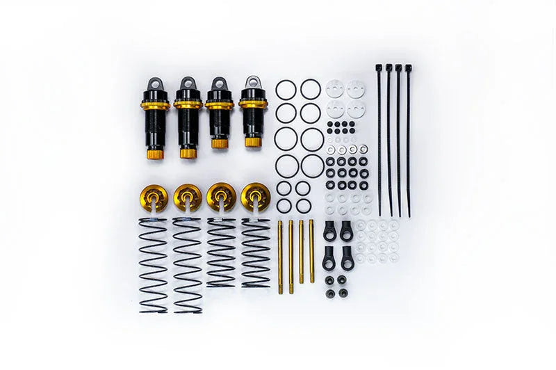 RC car shock absorber kit with springs, seals, rods, and mounting hardware arranged neatly