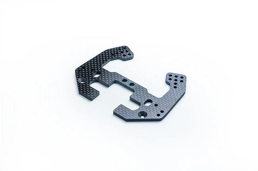 Carbon fiber RC car shock tower with multiple mounting holes on white background