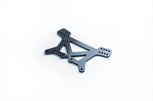 Carbon fiber RC car chassis plate with multiple mounting holes on a white background