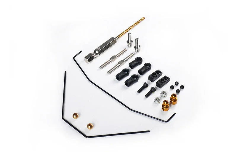 RC car sway bar kit with mounting hardware, ball joints, connectors, and drill bit on white background
