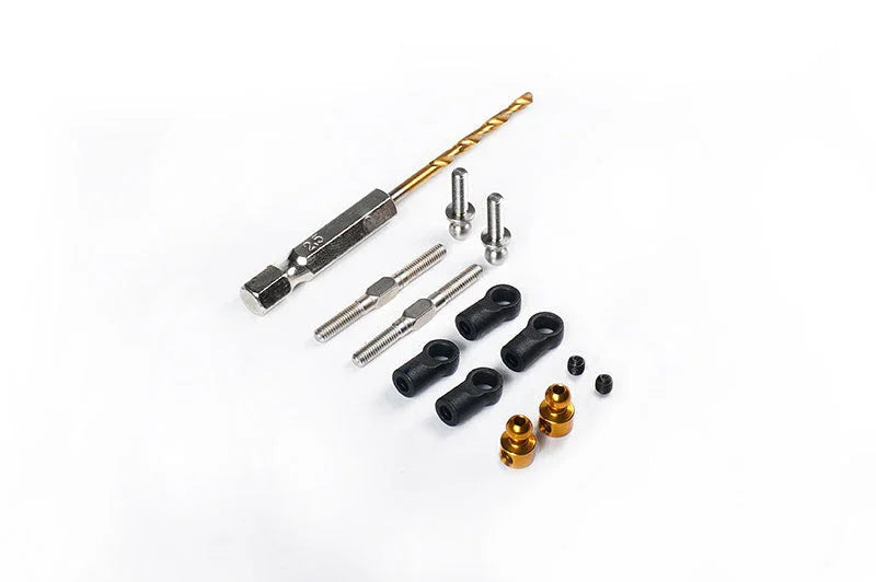 RC car steering link kit with drill bit, metal turnbuckles, rod ends, screws, and gold fittings