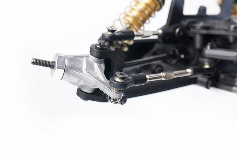 Koswork RC car aluminum steering knuckle and suspension link, close-up detail view.
