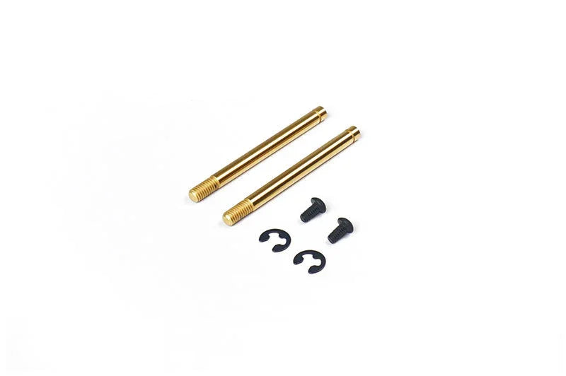 RC car suspension hinge pins, screws, and clips set on white background