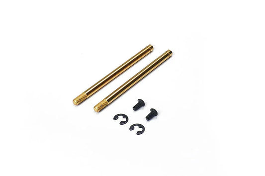 RC car gold shock shafts with screws and E-clips on white background