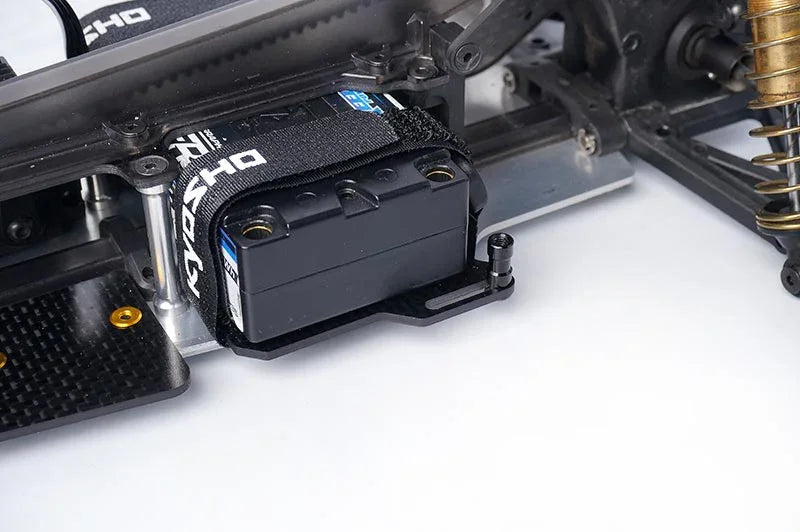 Koswork RC car accessory, black battery strap with logo, mounted on chassis, KOS04323-3
