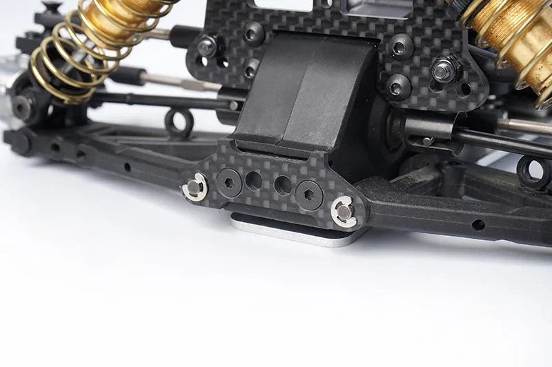 Koswork RC car carbon fiber suspension arm with metal shock absorber, close-up view