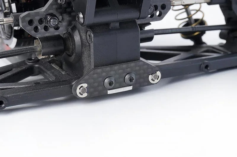 Koswork carbon fiber RC car rear suspension mount with metal and black components, KOS04330-3.