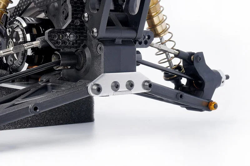 Koswork RC car aluminum rear suspension mount, black and silver, close-up detail