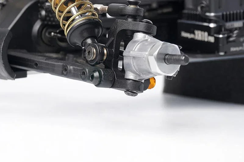 Koswork aluminum RC car front suspension assembly, close-up of metal hub and shock absorber