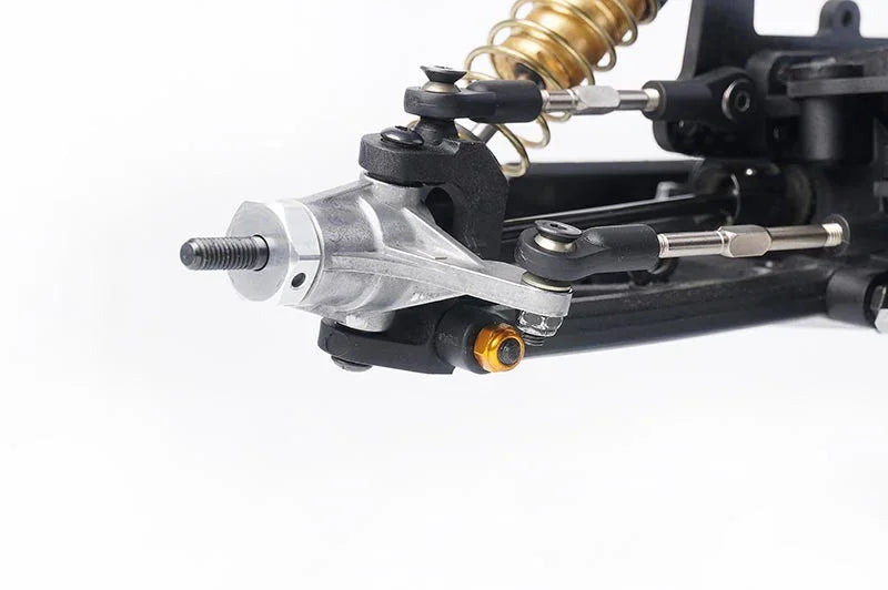 Koswork RC car aluminum front steering knuckle arm KOS04342, silver and black, close-up