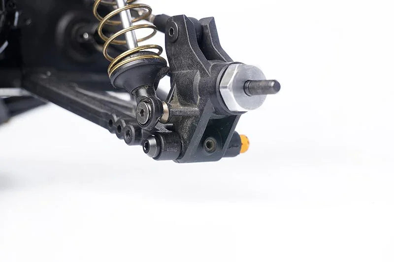 Koswork RC car front suspension arm and hub assembly, black metal, close-up accessory part.