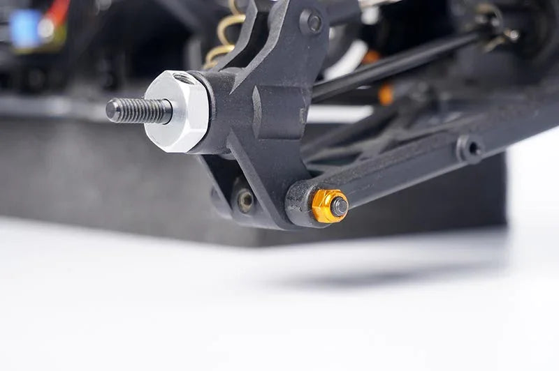 Koswork RC car aluminum wheel hub, hex adapter, and suspension arm closeup, KOS04344-3