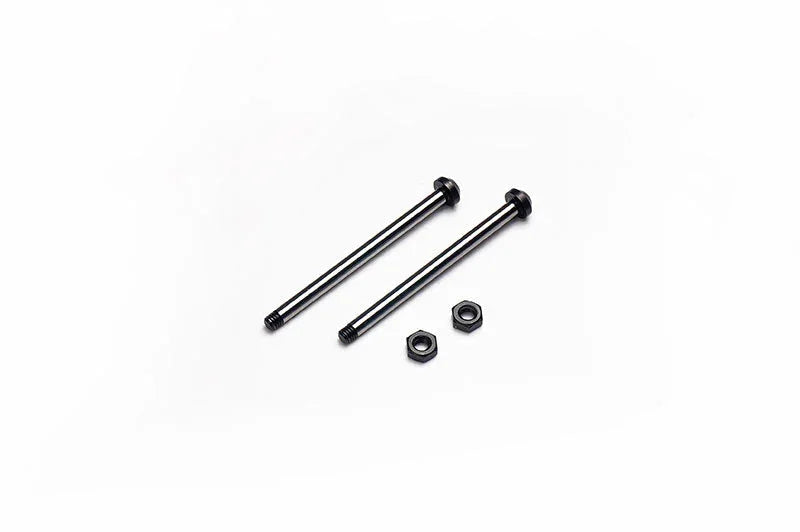 Two RC car metal axles with hex nuts on white background, hobby parts accessories