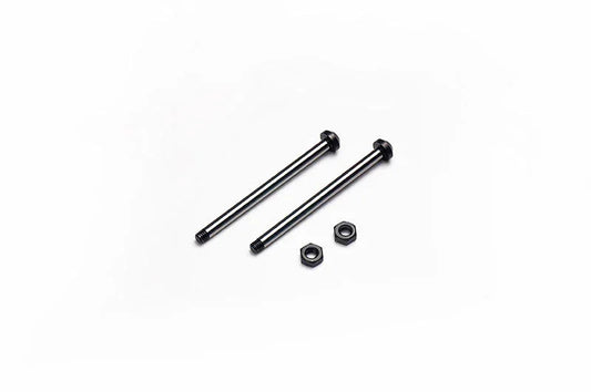 Two RC car metal axles with hex nuts on white background, hobby parts accessories