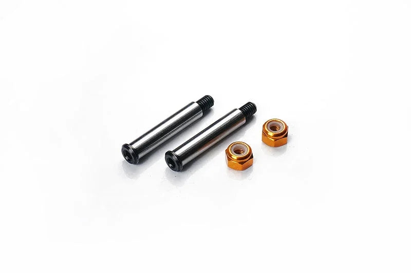 RC car metal axle shafts and gold hex nuts on white background, hobby parts