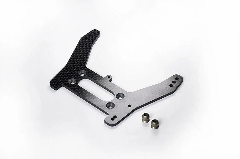 RC car carbon fiber shock tower with two metal mounting inserts on white background