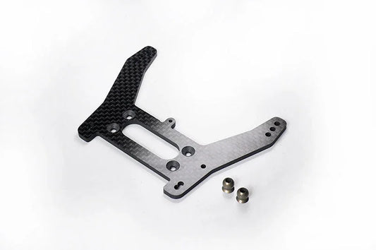 RC car carbon fiber shock tower with two metal mounting inserts on white background