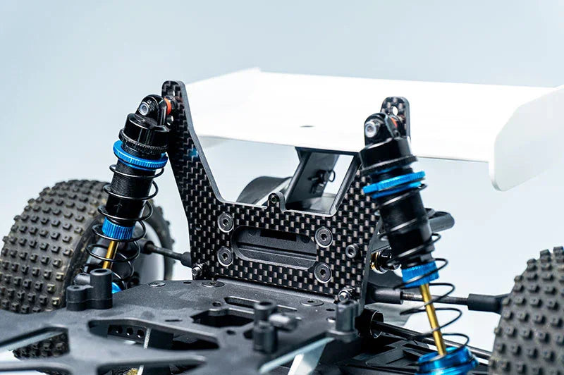 Koswork carbon fiber RC car shock tower with blue aluminum shocks, off-road buggy accessory